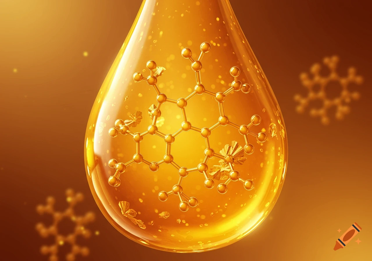 A golden droplet of liquid, possibly honey, containing a glowing molecular structure with crystalline forms appearing around it.