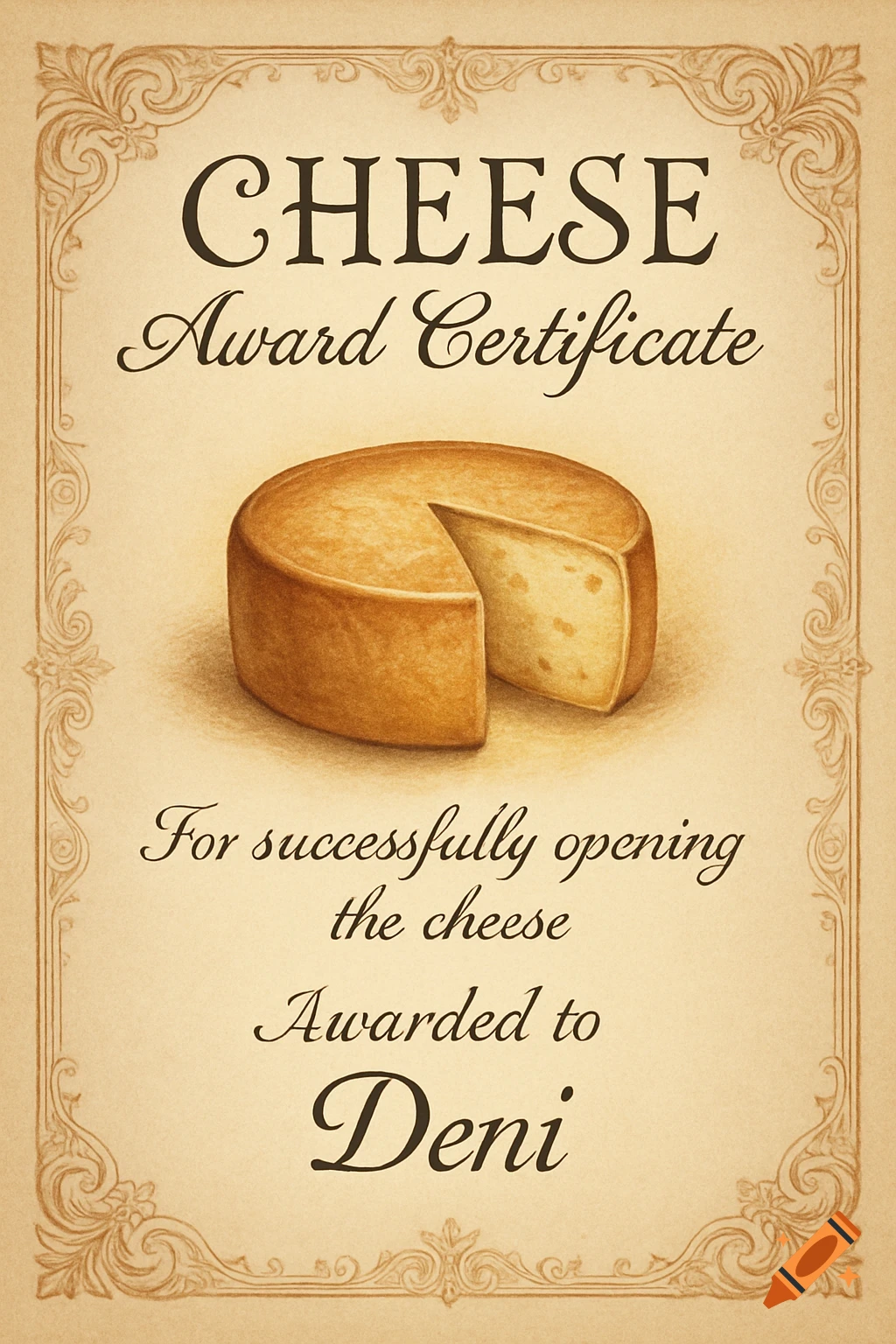 A vintage-style award certificate titled "CHEESE Award Certificate" with an illustration of a round cheese wheel and text saying "For successfully opening the cheese. Awarded to Deni."