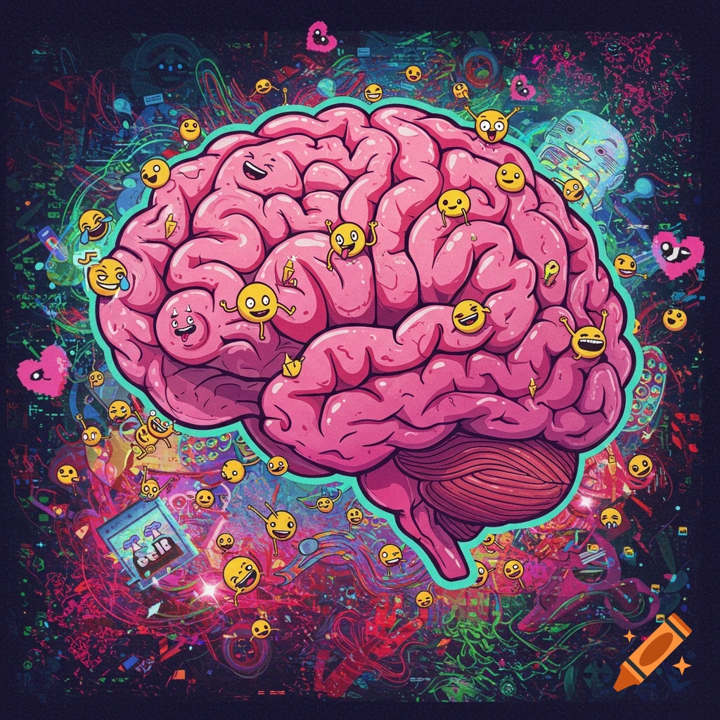 A stylized pink brain covered in various cartoon yellow emojis with different expressions, set against a chaotic, colorful, abstract background of lines and shapes.