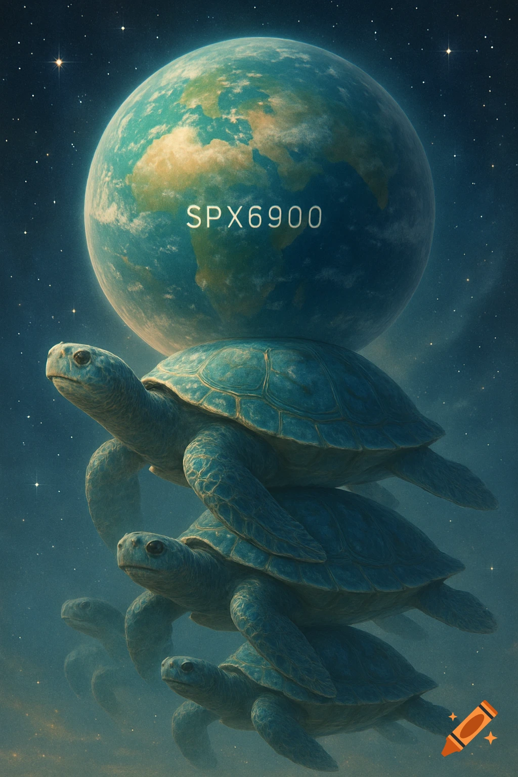Five blue-green turtles stacked in space, holding up a planet labeled SPX6900 against a starry sky.