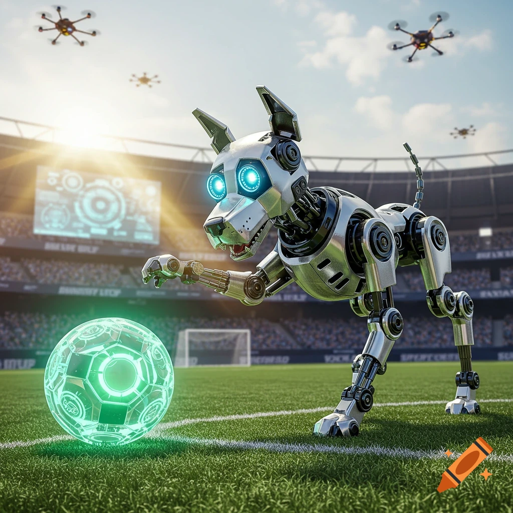 A photorealistic robot dog with glowing blue eyes plays with a green glowing soccer ball on a stadium field, with drones flying overhead.