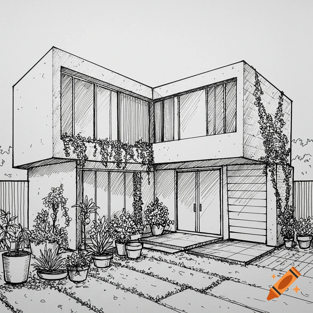 A black and white pen sketch of a modern house with large windows and many potted plants in the foreground and climbing vines on its exterior.
