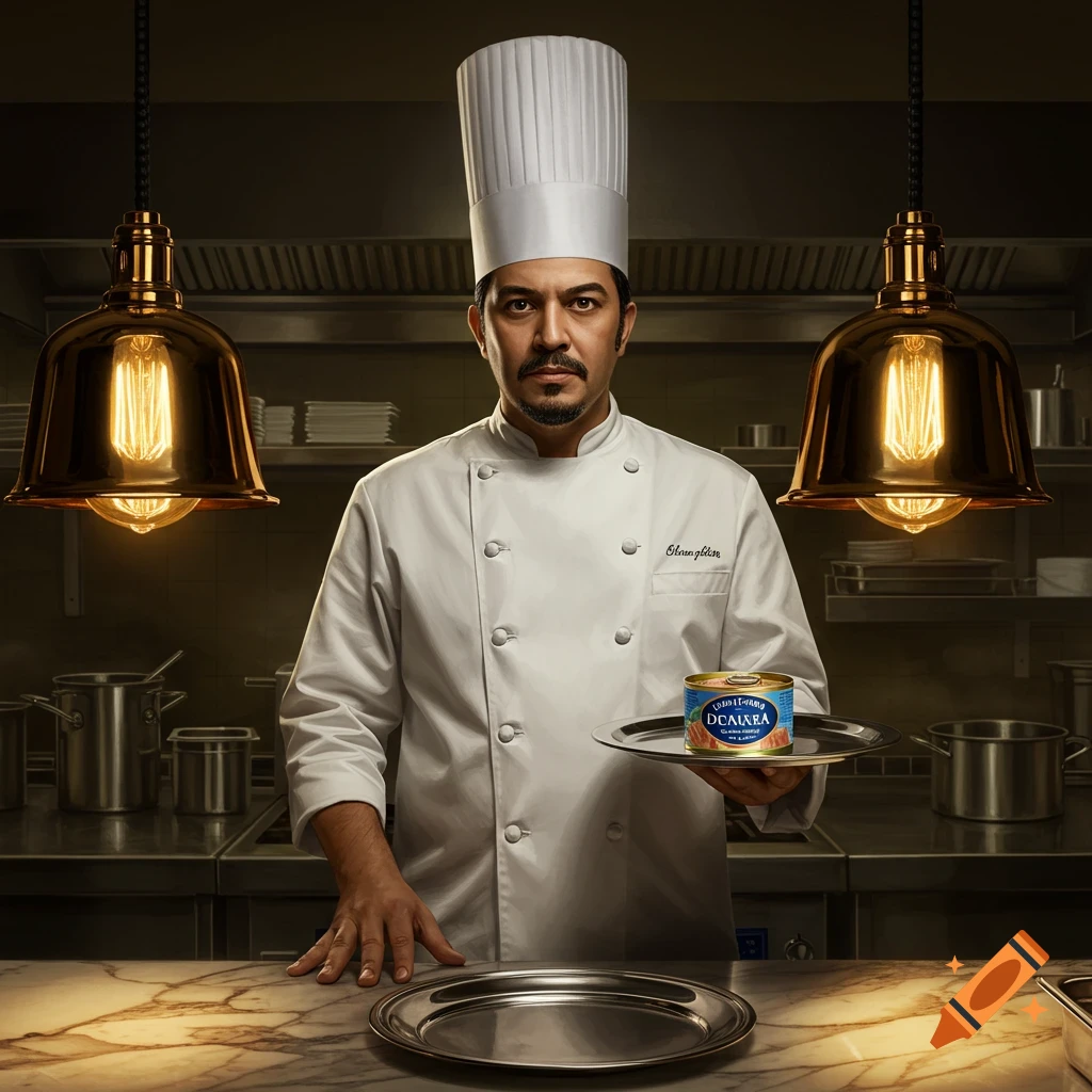 Photorealistic portrait of a chef in a white uniform holding a can of tuna on a silver platter in a kitchen.