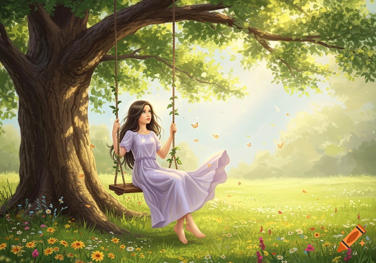 A young woman in a purple dress on a swing under a large tree in a sunlit meadow with wildflowers and butterflies.