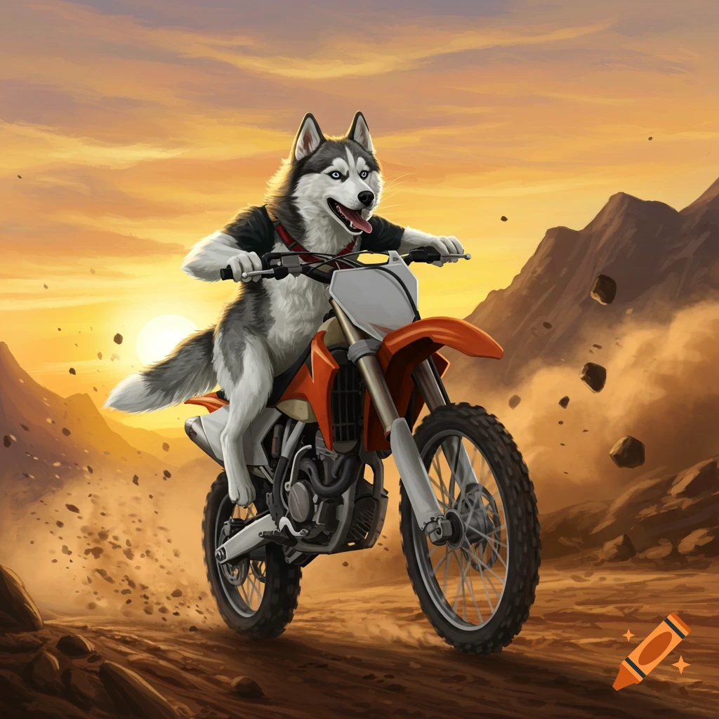 A husky dog wearing a black shirt rides an orange dirt bike through a dusty desert landscape at sunset, with mountains in the background.