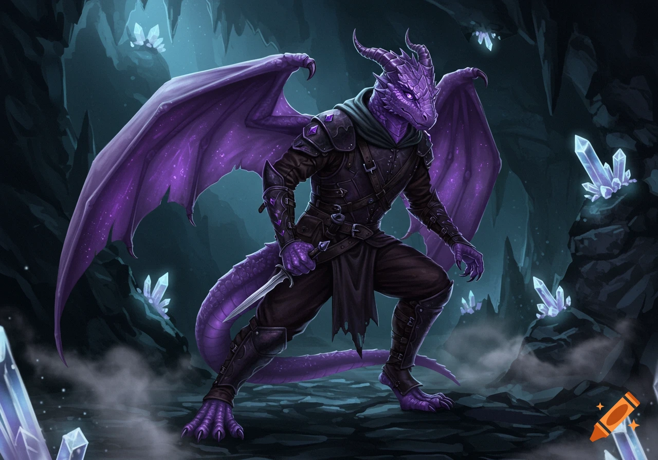 A purple dragonborn rogue with wings and a dagger, standing in a dark cave surrounded by glowing blue crystals.