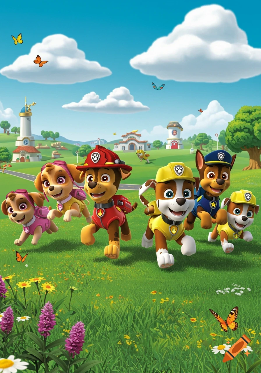 Several cartoon Paw Patrol dogs in uniforms running across a vibrant green field with flowers under a blue sky, with buildings in the distance.