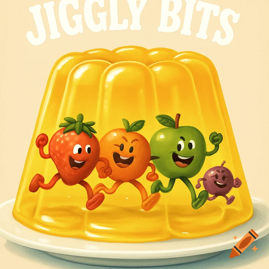A large yellow jello mold with smiling, running cartoon fruit characters inside. Text above reads 'JIGGLY BITS'.