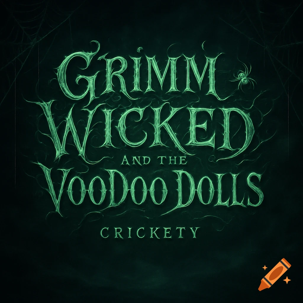 Green stylized text logo for 'Grimm Wicked and the VooDoo Dolls Cricketty' with thorny letters and spiderweb details on a dark background.
