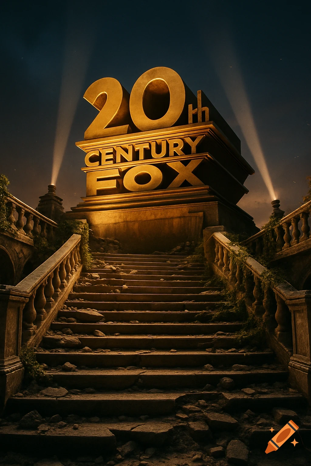 A photorealistic depiction of the golden 20th Century Fox logo atop a crumbling, overgrown stone staircase at dusk.