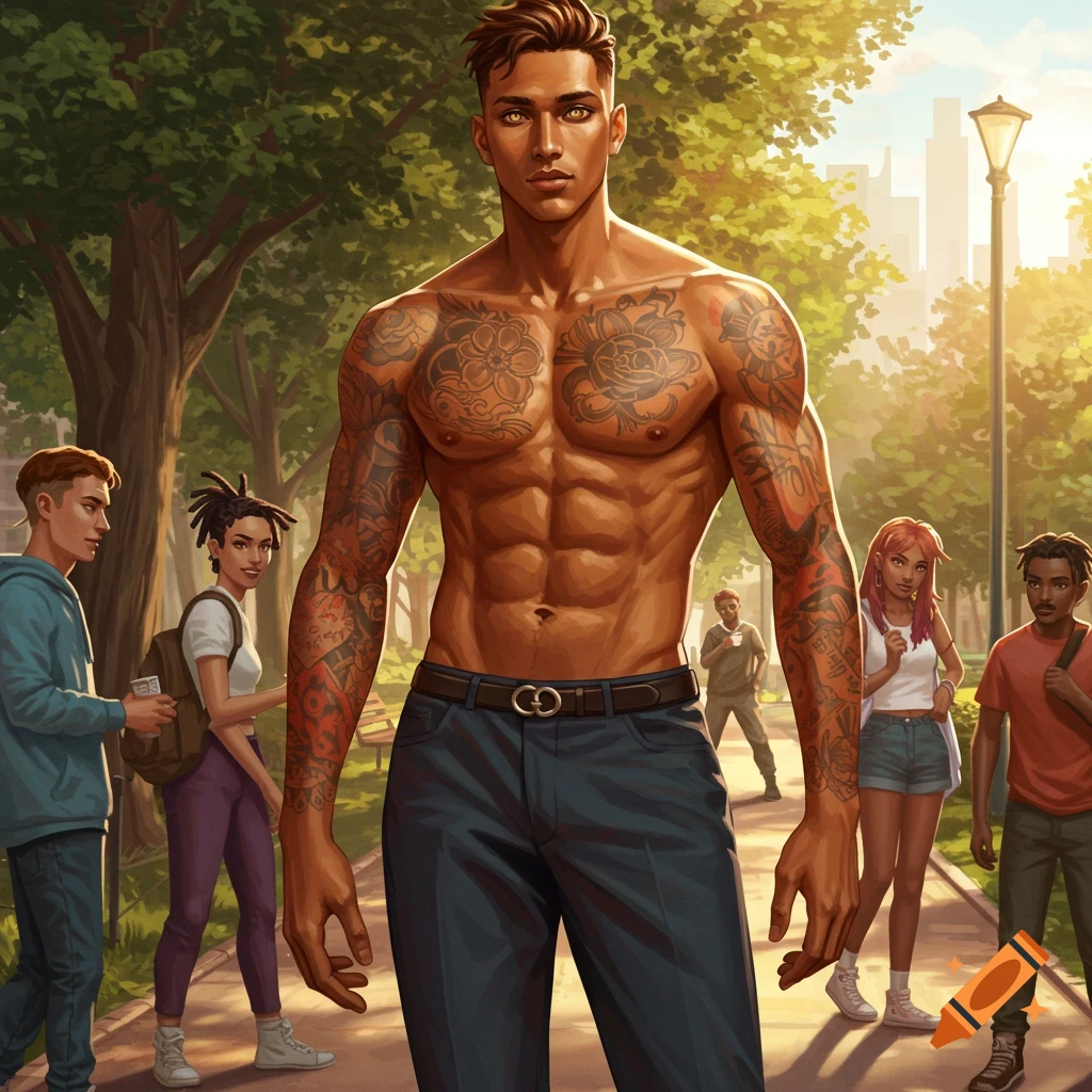 An illustrated muscular man with tattoos stands on a sunny park path, with other people and trees in the background.