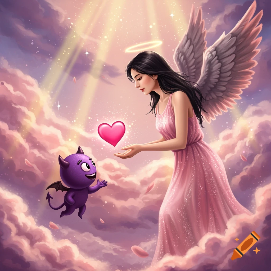 An angel in a pink dress offers a pink heart to a small purple devil in a cloudy, light-filled sky.