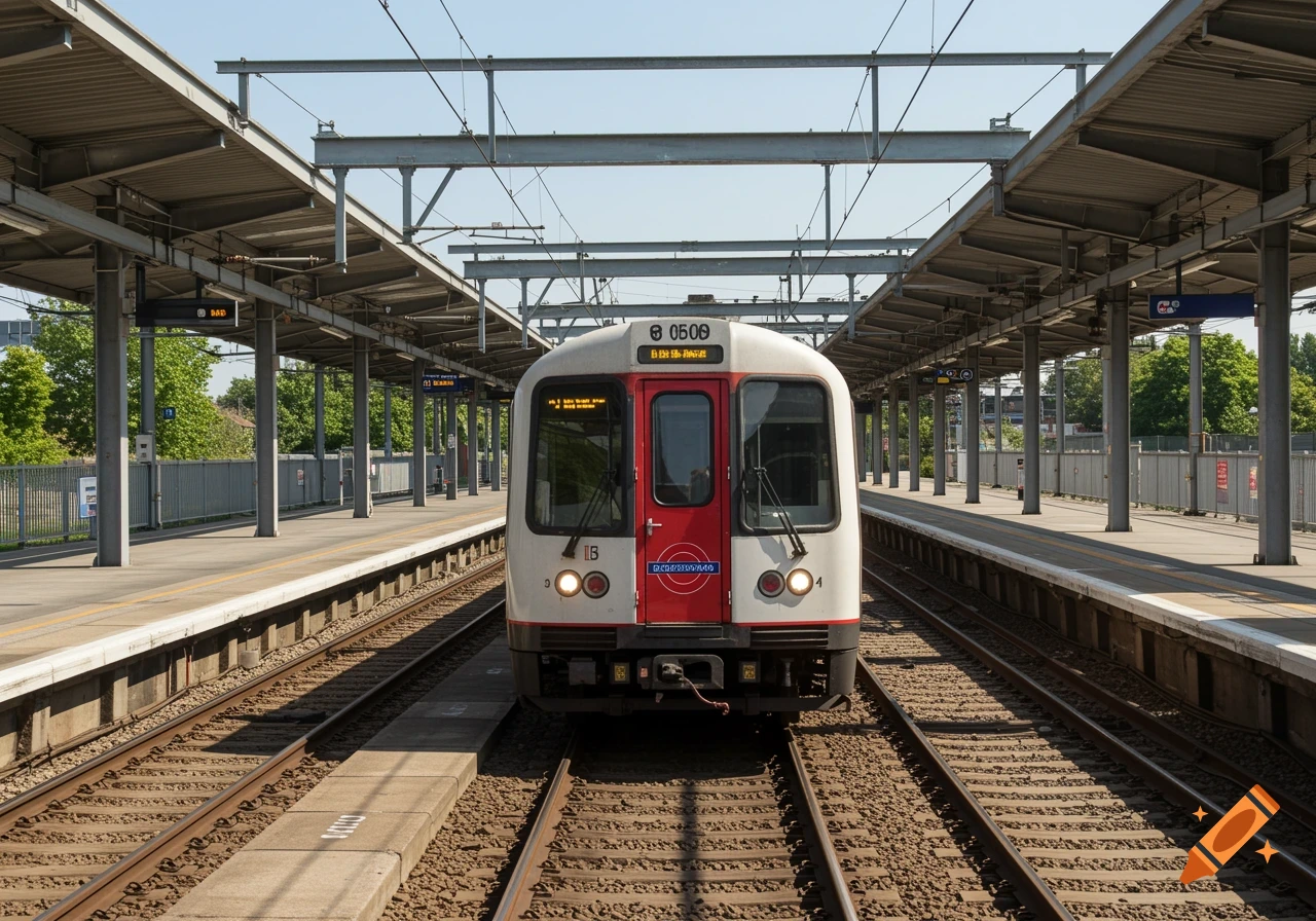 A white London Underground train with a red front door is centered on tracks at an outdoor station, with platforms and overhead structures on either side under a clear sky.