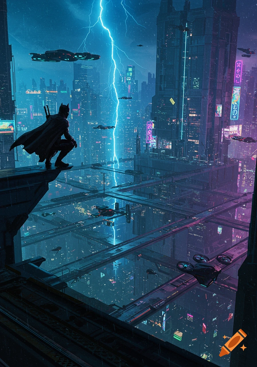 Batman crouches on a building overlooking a vibrant, neon-lit cyberpunk city during a lightning storm with flying vehicles.