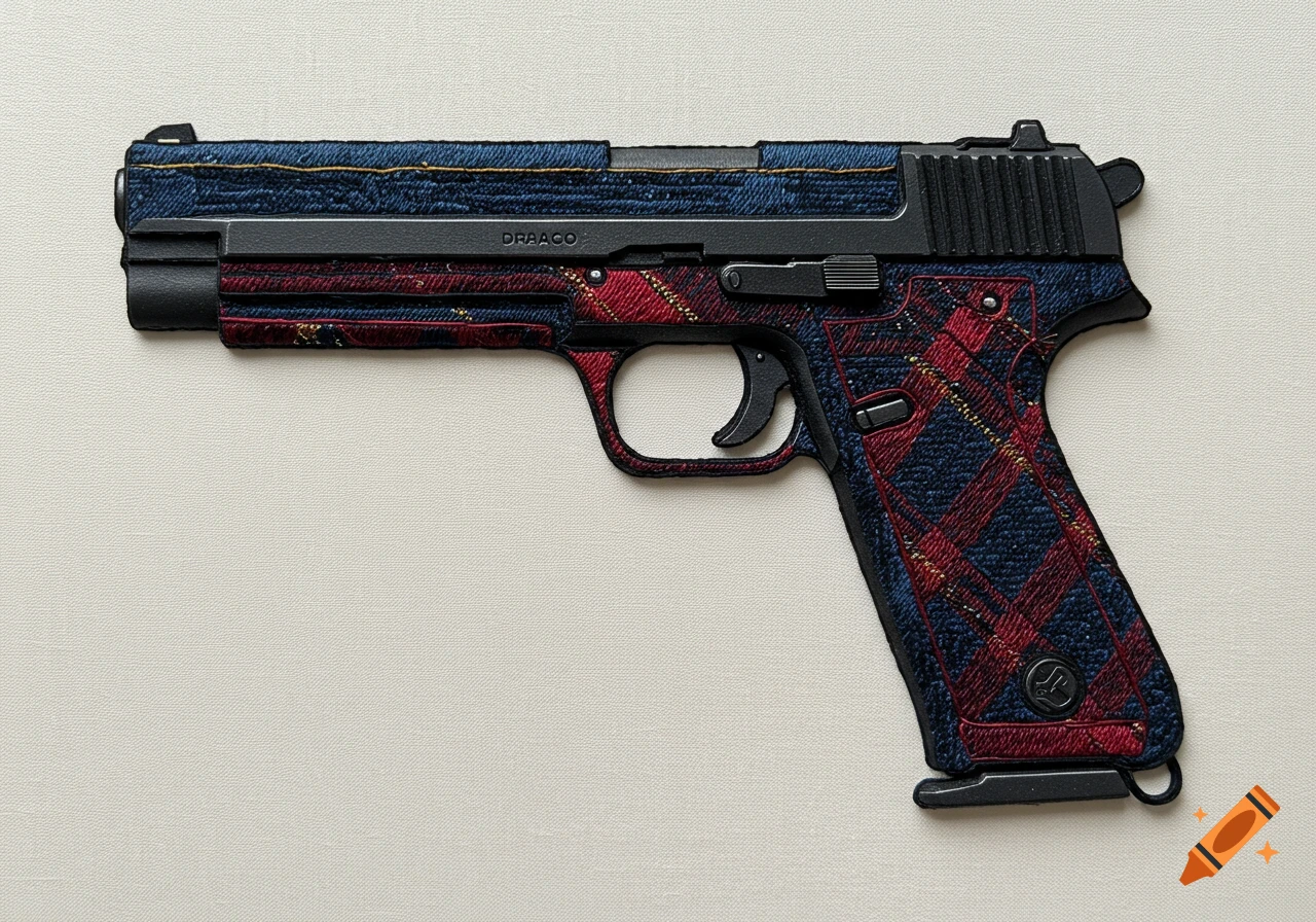 An embroidered handgun featuring blue denim and red and blue tartan fabric patterns.