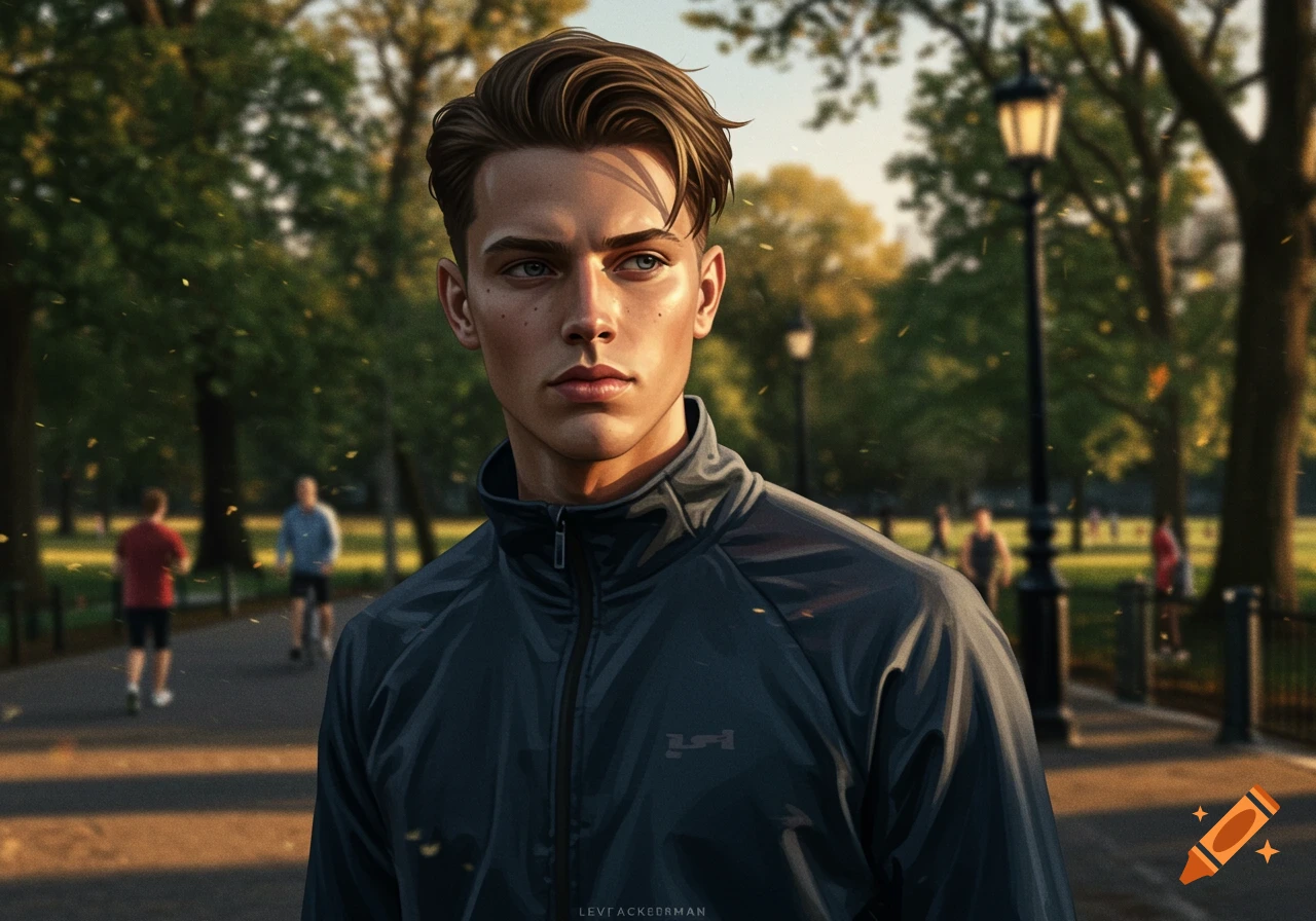 A handsome young man with styled brown hair and light eyes wears a dark athletic jacket while standing in a park at sunset.