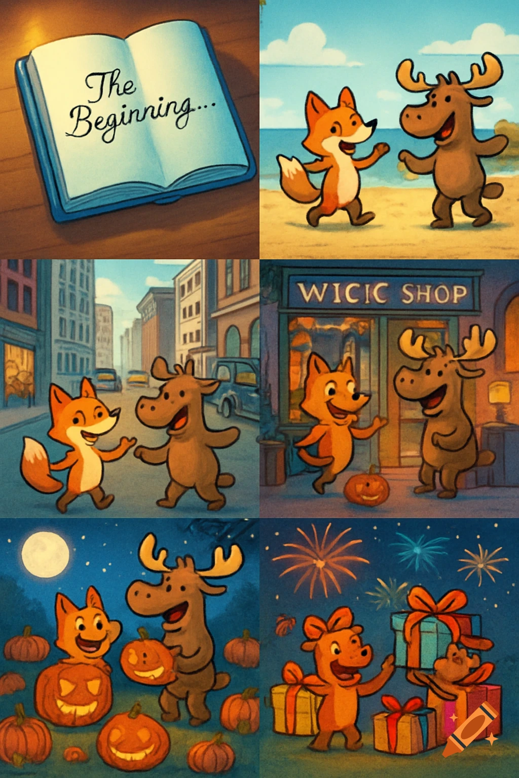 Six cartoon panels featuring a fox and a moose. Scenes include a book titled 'The Beginning', the characters at a beach, in a city, by a shop, with pumpkins, and opening presents.