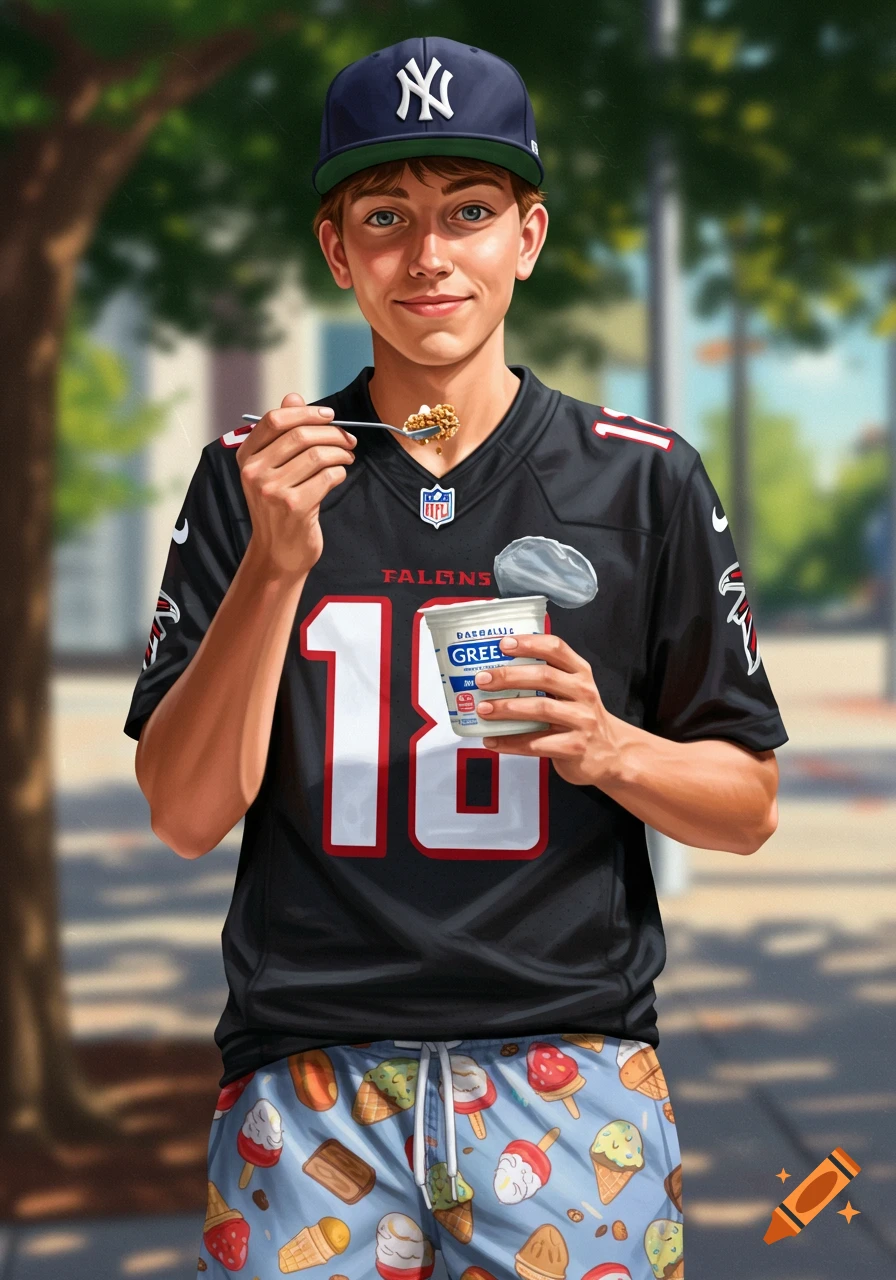 A young man in a black Atlanta Falcons jersey, ice cream print shorts, and a Yankees cap eats Greek yogurt with granola from a spoon outdoors.