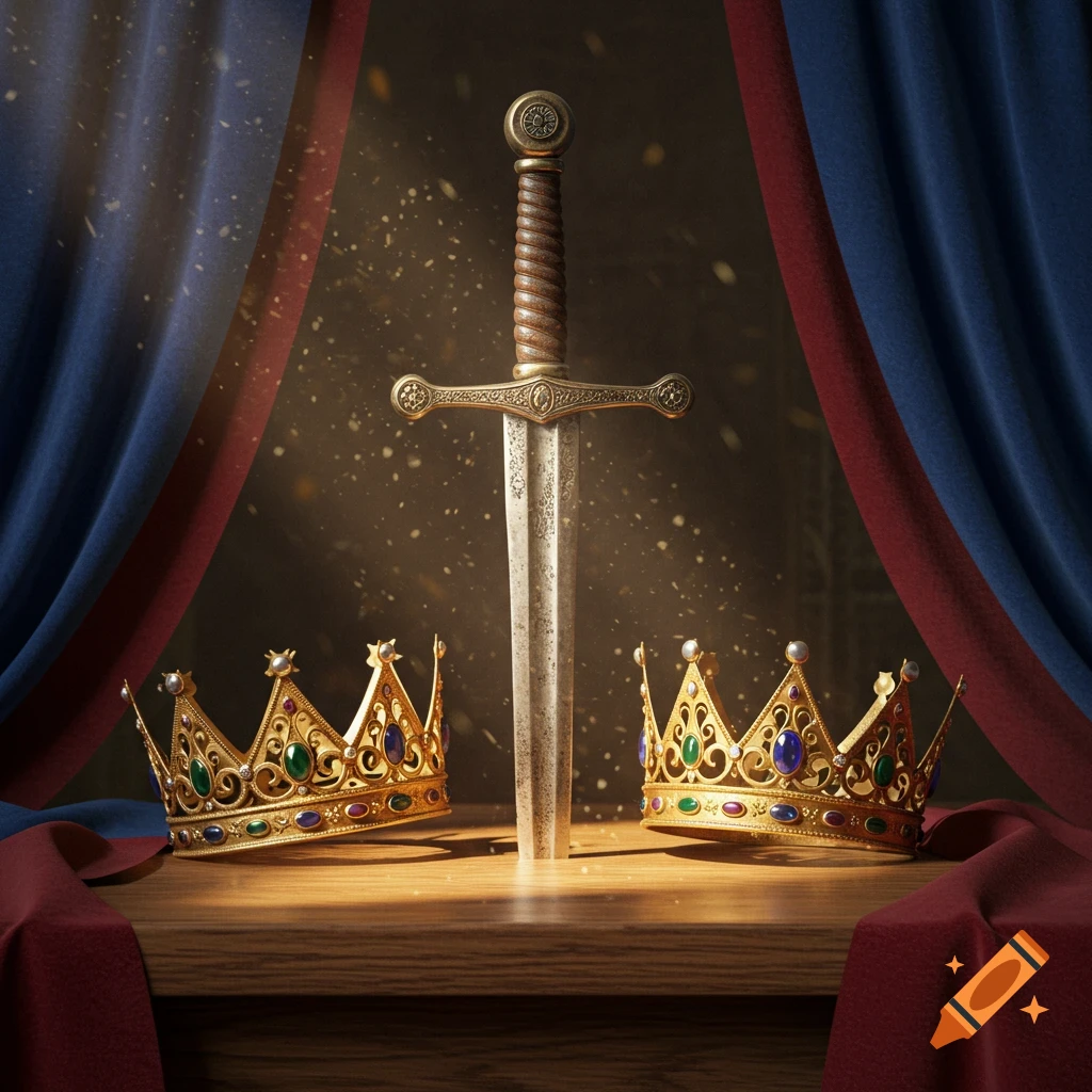 A photorealistic image of a sword standing between two golden, jewel-encrusted crowns, set against red and blue drapes.