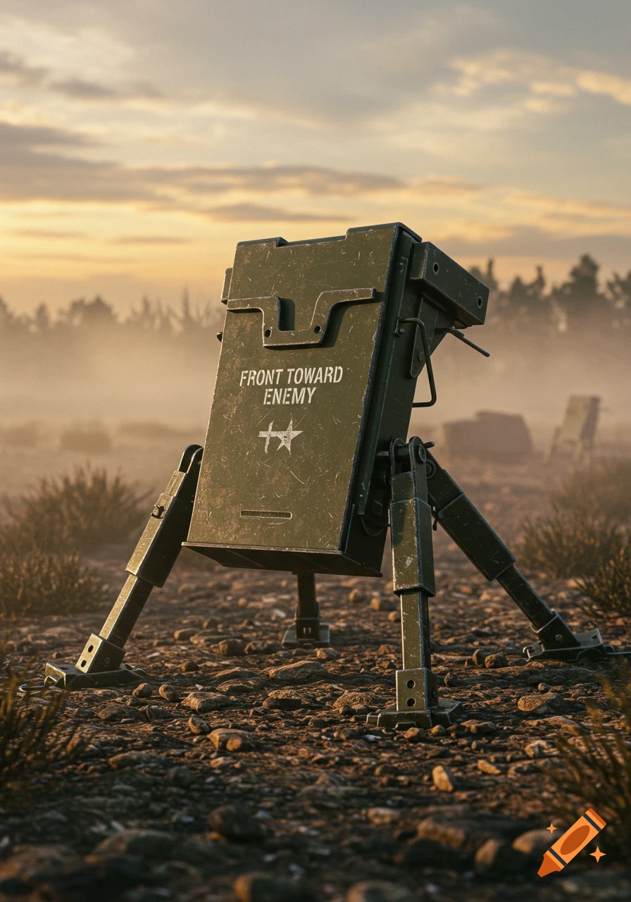 A green Claymore mine with 'FRONT TOWARD ENEMY' text stands on a rocky, dusty ground at sunset.