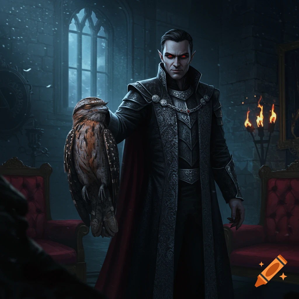 A dark fantasy image of a vampire prince with red eyes holding a tawny frogmouth bird in a gothic castle room.