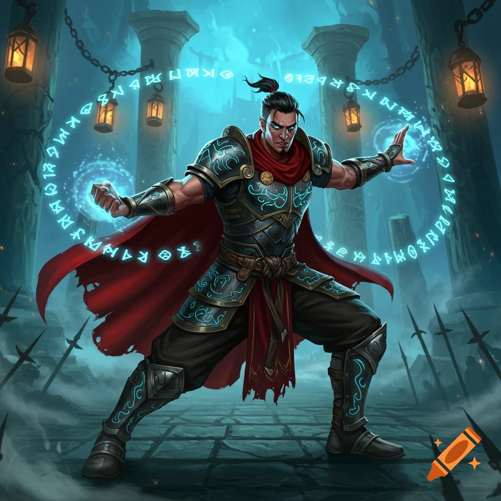 A powerful fantasy martial artist in elaborate armor and a red cape, conjuring glowing blue runes around his hands in a dark, ruined temple.