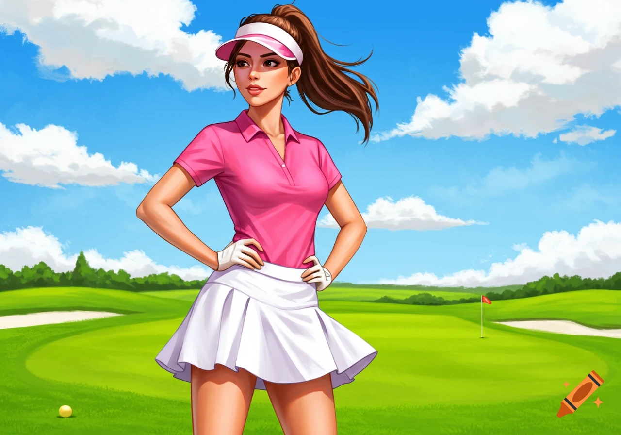An illustrated woman in a pink polo shirt and white skirt stands on a golf course with hands on hips.