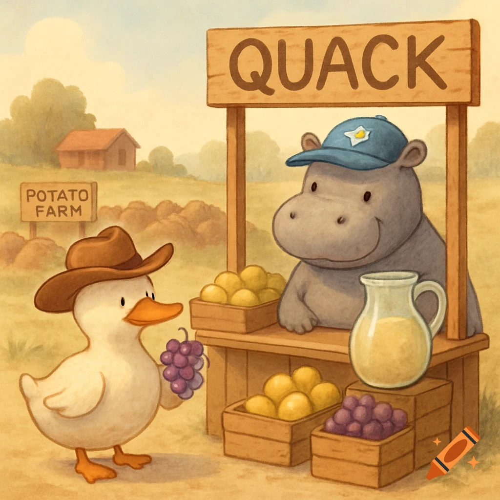 Cute duck in a cowboy hat buys grapes from a hippo at a stand labeled QUACK, with a POTATO FARM sign in the background. Illustration style.