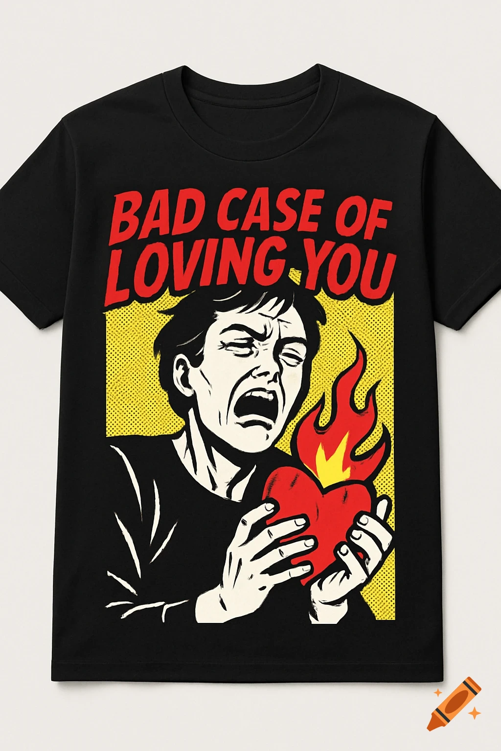 Pop art style black t-shirt with a distressed man holding a flaming heart and the text 'BAD CASE OF LOVING YOU'.
