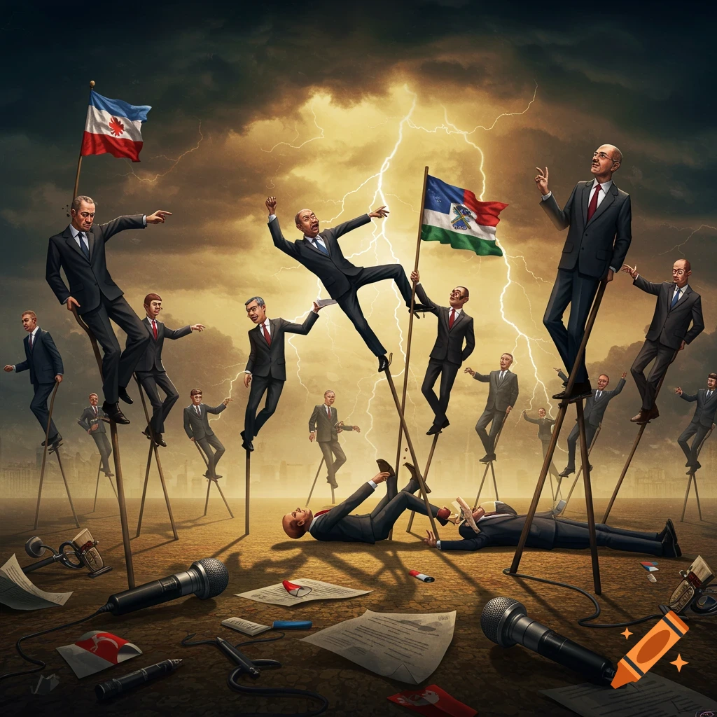 Men in suits on stilts struggle for balance under stormy, lightning sky, some falling. Microphones and papers litter the ground.