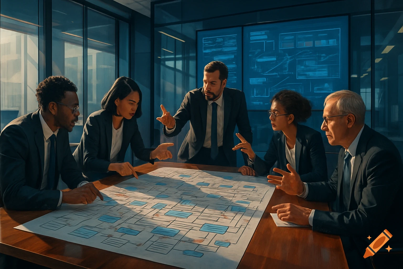 A diverse group of five business professionals in suits discuss a large flowchart on a table in a modern conference room.