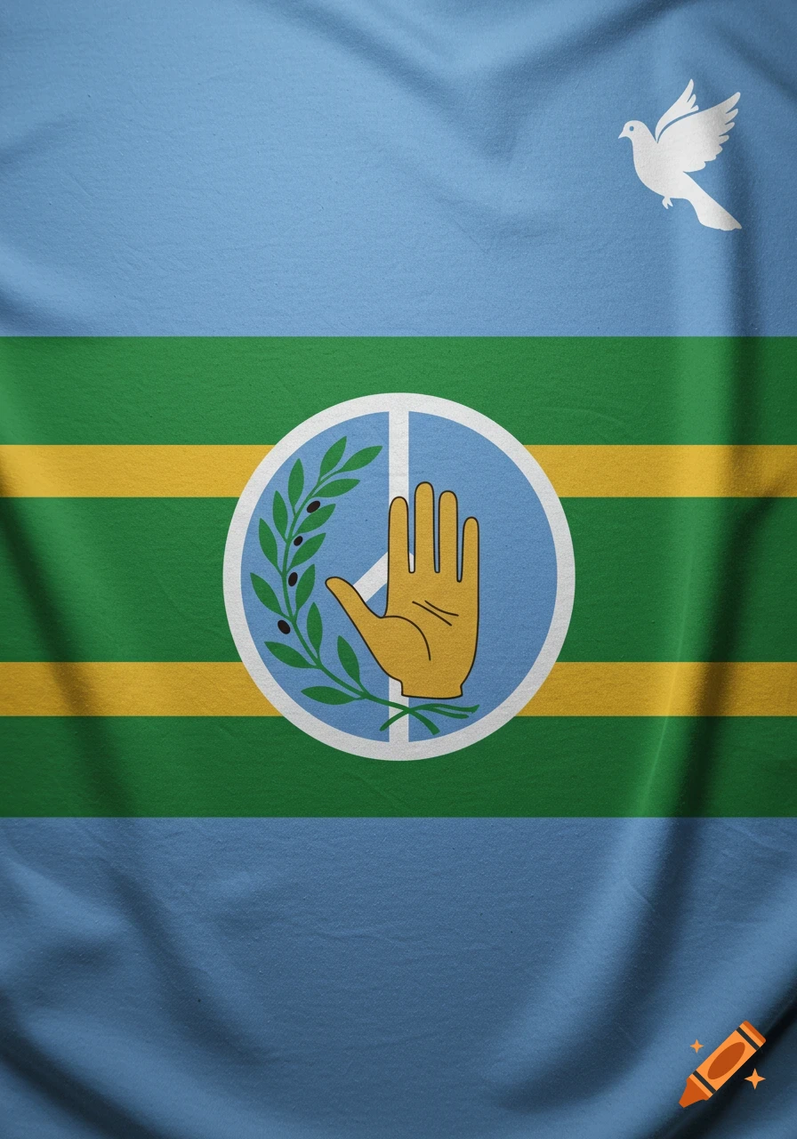 A waving flag with light blue, green, and yellow stripes featuring a central peace symbol, an open hand, an olive branch, and a flying white dove.
