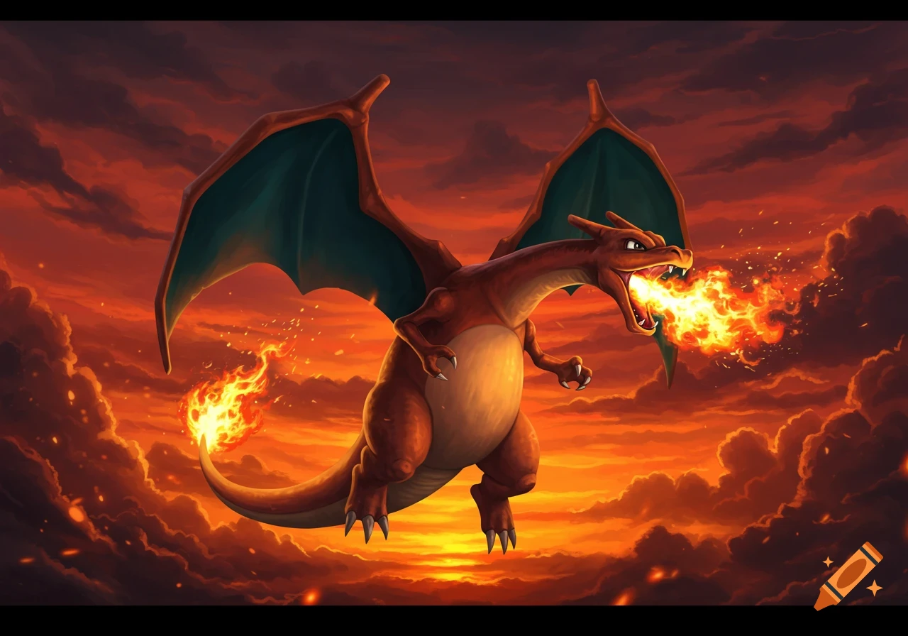 A powerful Charizard, an orange dragon-like Pokémon with green wings, flies through a fiery sunset sky, breathing a stream of bright orange fire.