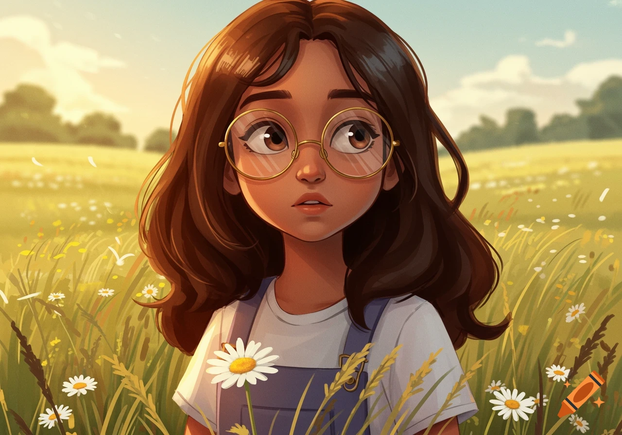 A drawing of a young girl with brown hair and round glasses, standing in a sunny field among wildflowers.