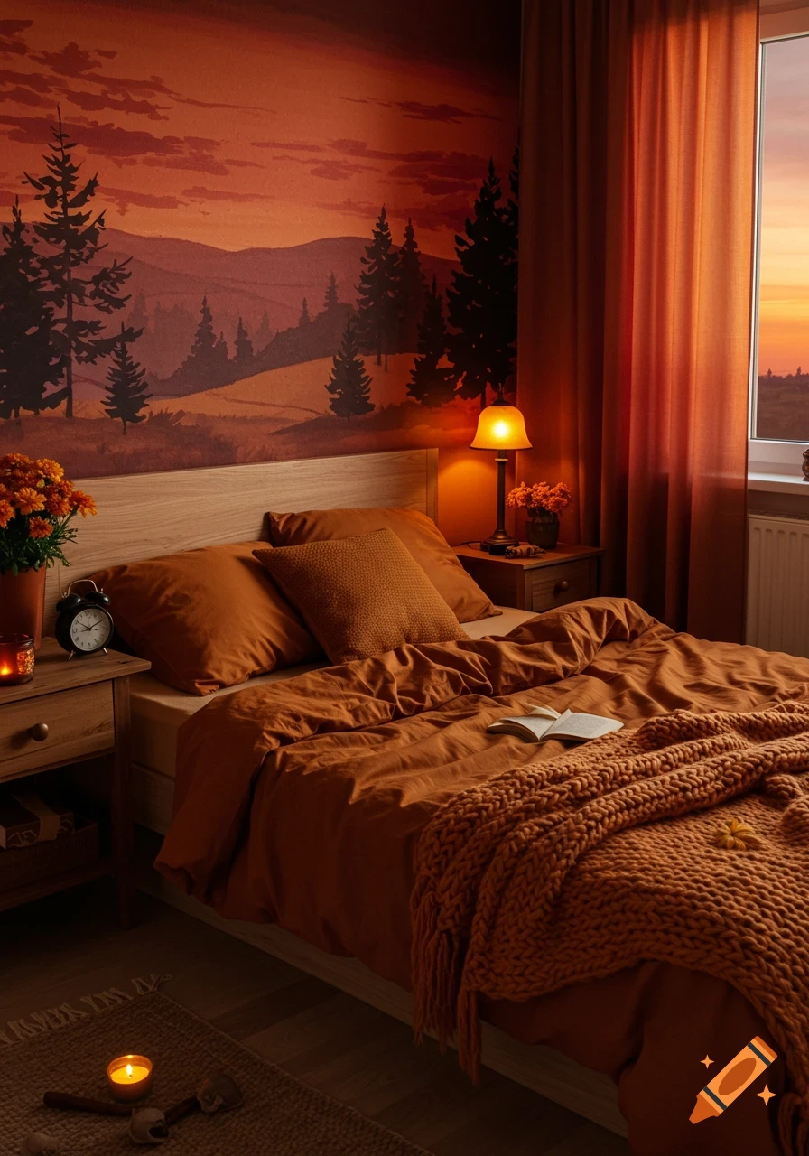 A cozy bedroom with rust-orange bedding, an illuminated bedside lamp, and a wall mural depicting a sunset mountain landscape.