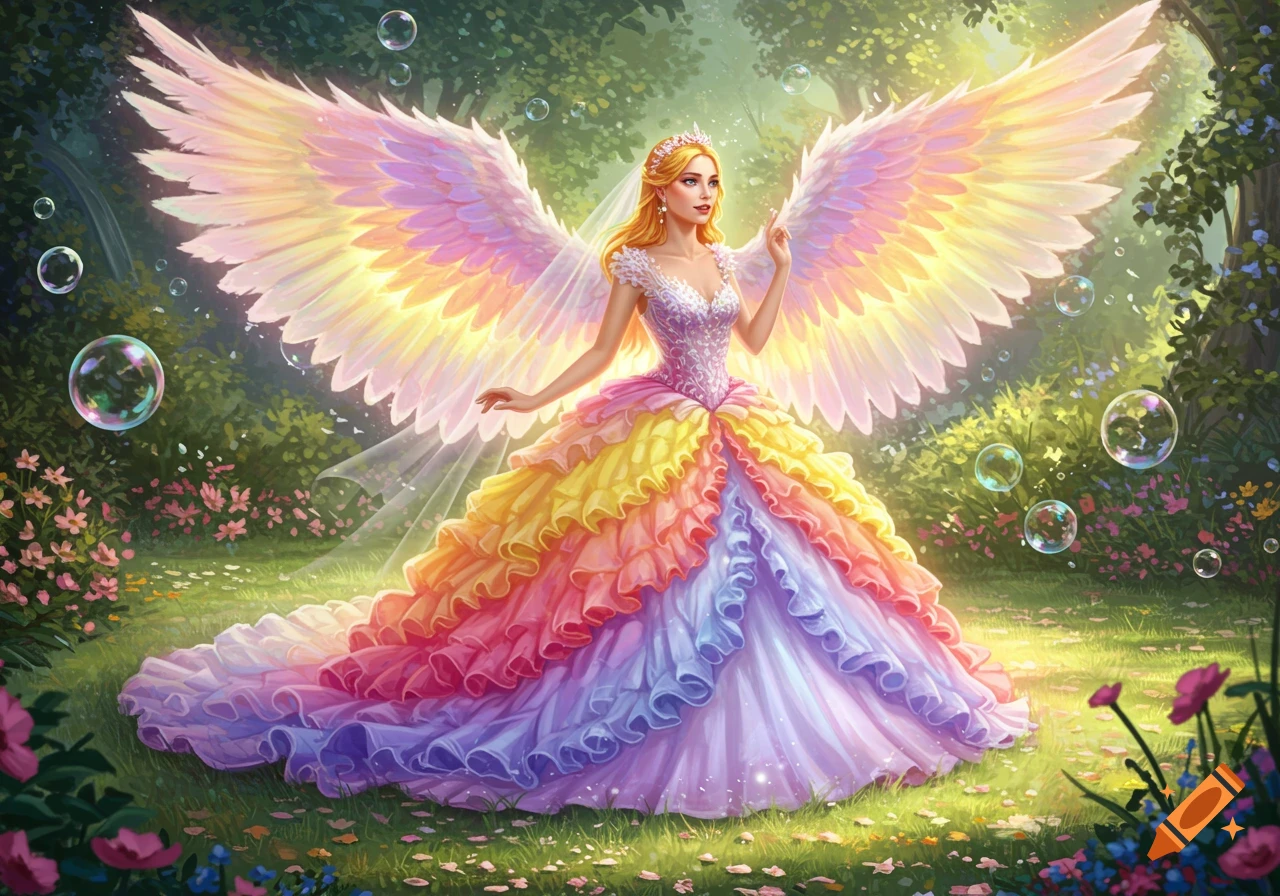 A woman with large rainbow angel wings and a multi-layered rainbow wedding dress stands in a lush fantasy forest with bubbles floating.