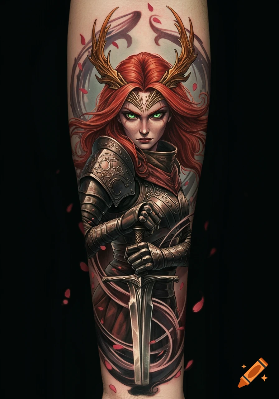 A detailed tattoo design of a female warrior with red hair and glowing green eyes, wearing ornate armor and golden antlers, holding a large sword.