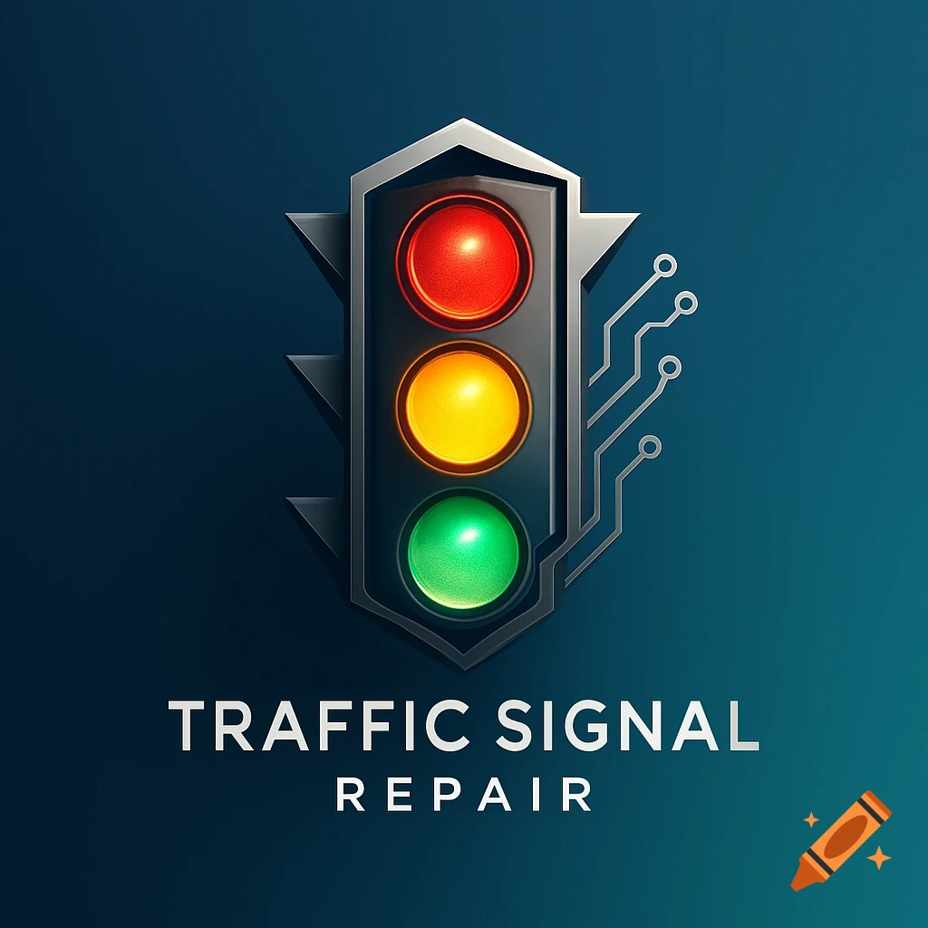 A modern logo of a traffic signal with red, yellow, green lights in a metallic shield with circuit traces. Text: 'TRAFFIC SIGNAL REPAIR'.