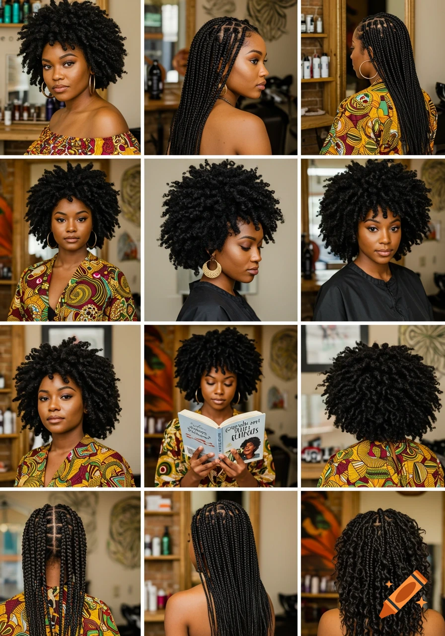 A collage of nine photorealistic portraits of a Black woman showcasing different hairstyles, including natural curls, twists, and braids, in a hair salon.