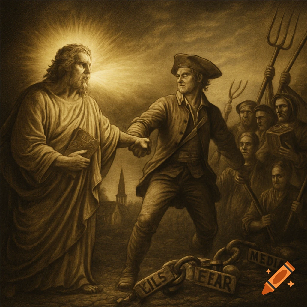 A sepia-toned classical illustration shows a radiant figure shaking hands with a colonial soldier, with a crowd holding pitchforks and Bibles behind them. Chains are in the foreground.