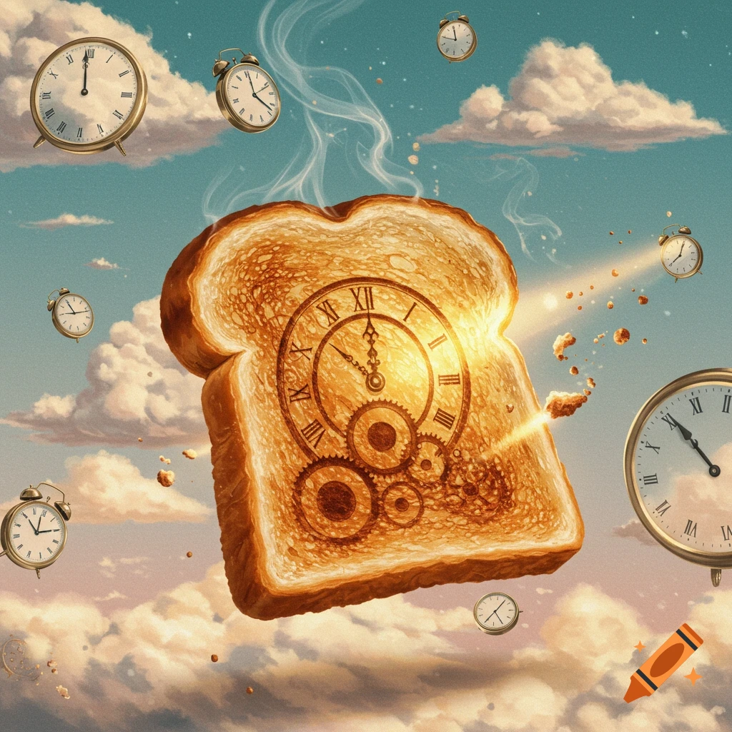 Surreal golden toast with clock face and gears floats in a cloudy sky, surrounded by alarm clocks.
