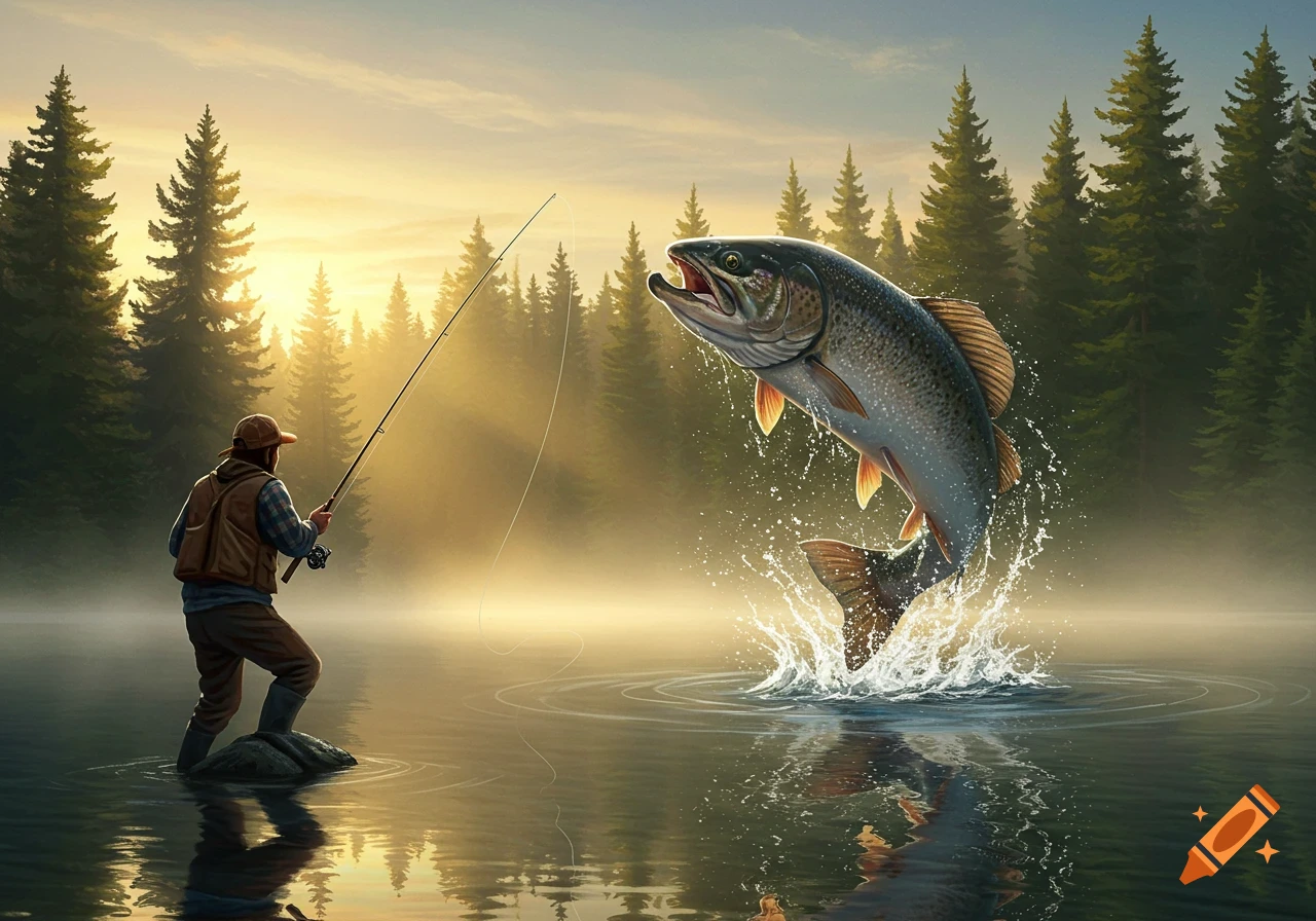 A man fishes in a misty lake at sunrise with a large fish jumping out of the water, surrounded by pine trees.
