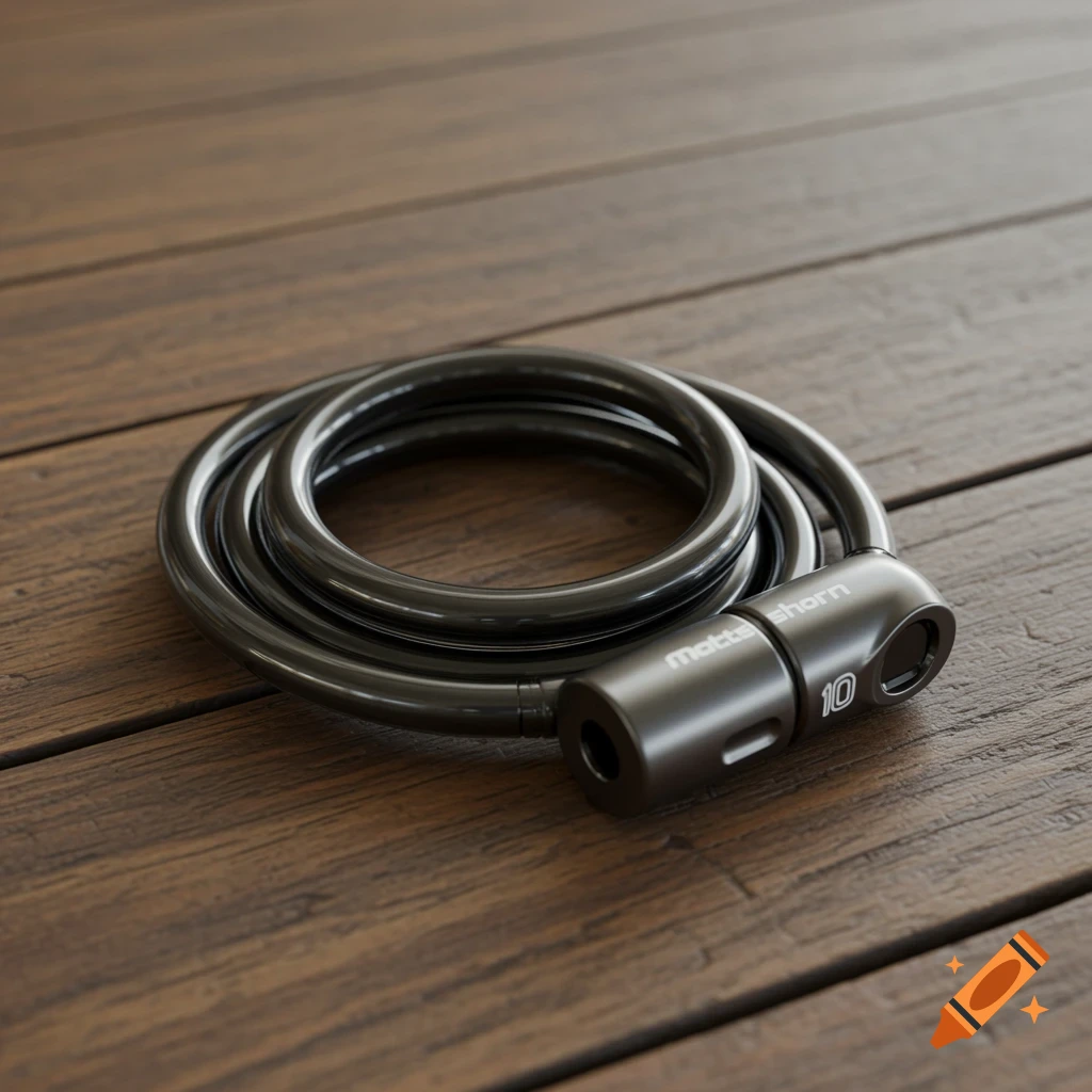 Black coiled bike lock with 'matteshorn 10' text, resting on a wooden table in a close-up, photorealistic style.