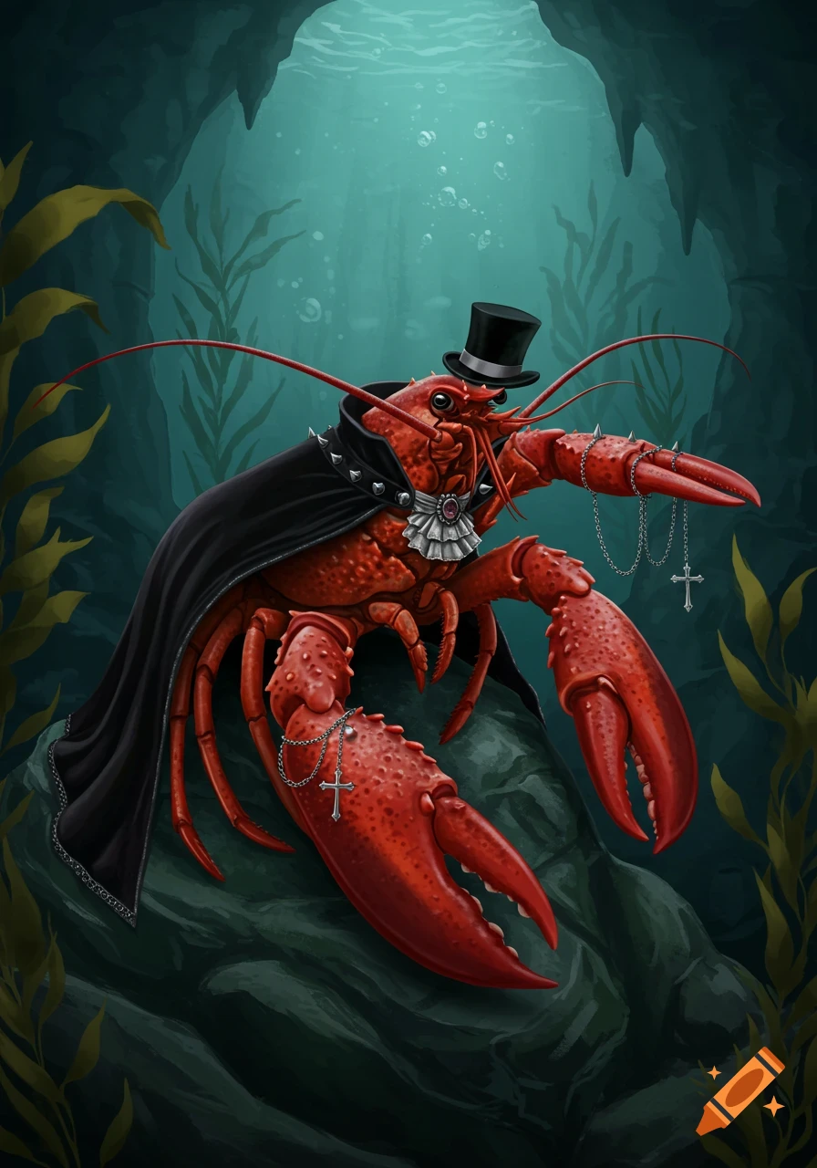 A red lobster dressed in a black cape, top hat, and frilly collar, holding silver cross chains, sits on a rock underwater in a detailed illustration.