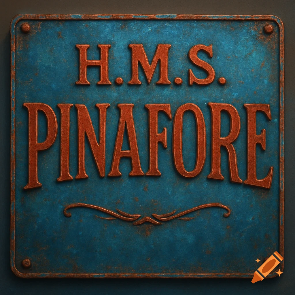 A close-up of an old, weathered blue metallic sign with raised, rusty red letters that read "H.M.S. PINAFORE" and a decorative flourish below.