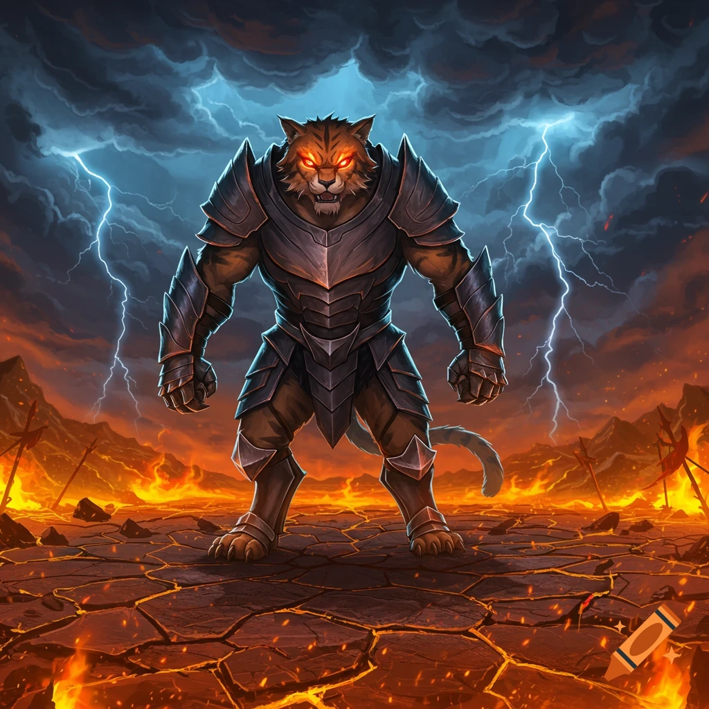An armored, anthropomorphic tiger-like creature with glowing red eyes stands in a fiery, stormy landscape.