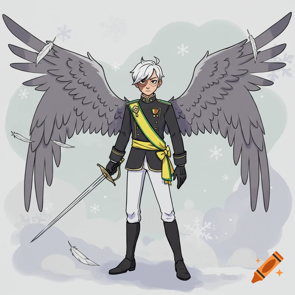 A light-skinned male cartoon character with white hair, gray wings, black military uniform, yellow sash, and a sword, in a snowy background.