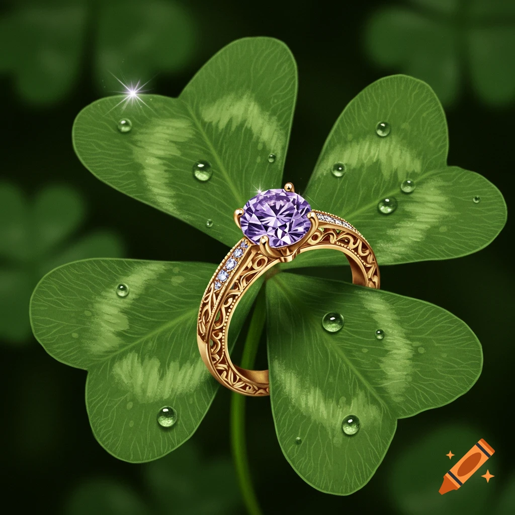 A gold ring with a purple diamond sits on a vibrant green four-leaf clover adorned with water droplets.