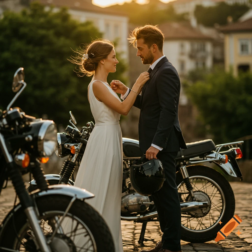 A bride in a white dress adjusts her groom's tie as he holds a helmet, standing between two motorcycles at sunset.