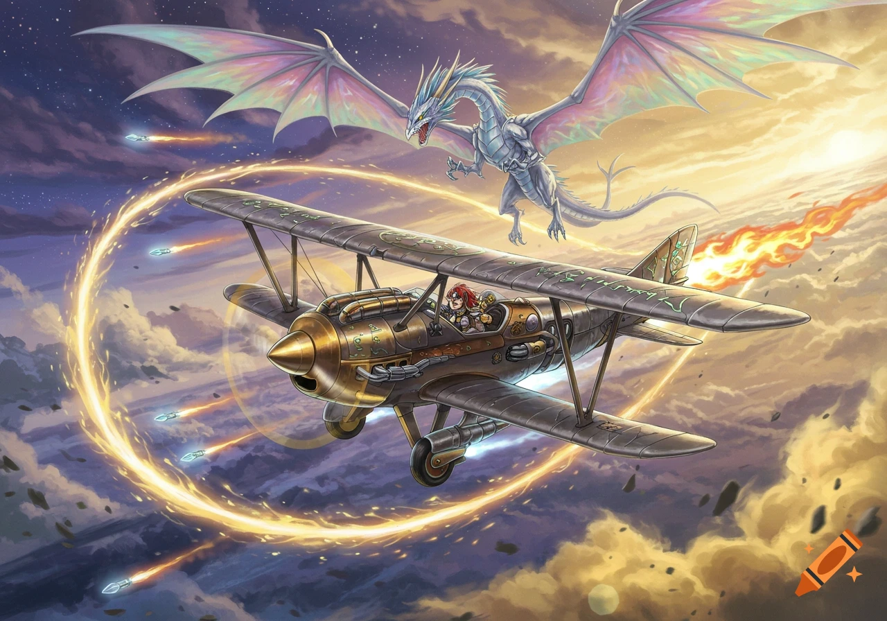 A steampunk biplane piloted by a person, engaged in an aerial battle with a white dragon, surrounded by glowing arcane missiles and magical energy in a cloudy sky.
